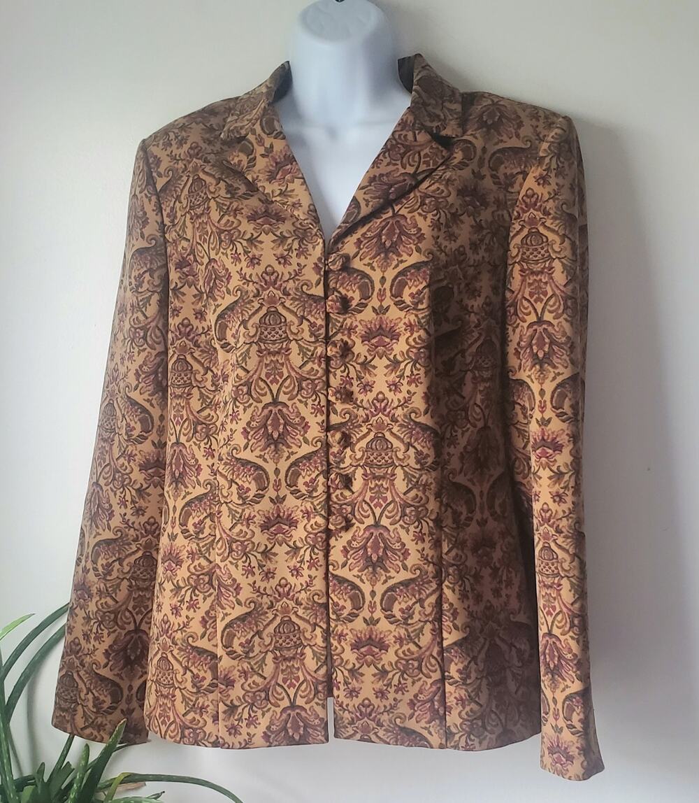 Vintage T& Co Womens Victorian Burgundy Gold Batik Floral Blazer Size 10 Boho 90